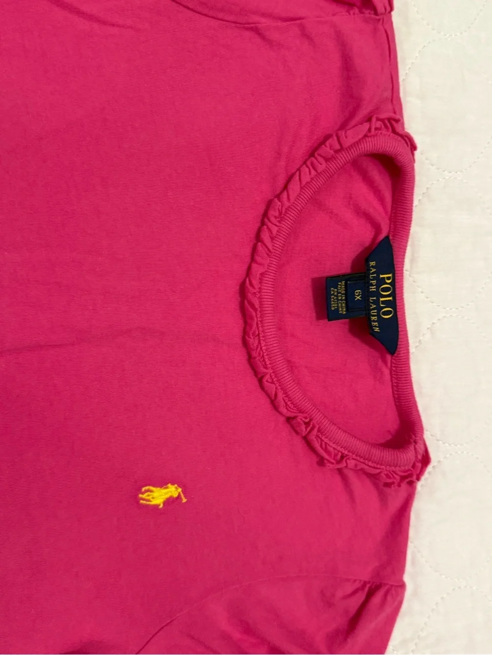 Ralph Lauren Hot Pink Polo Tee with Multicolor Plaid Shorts and Green Ruffle Top